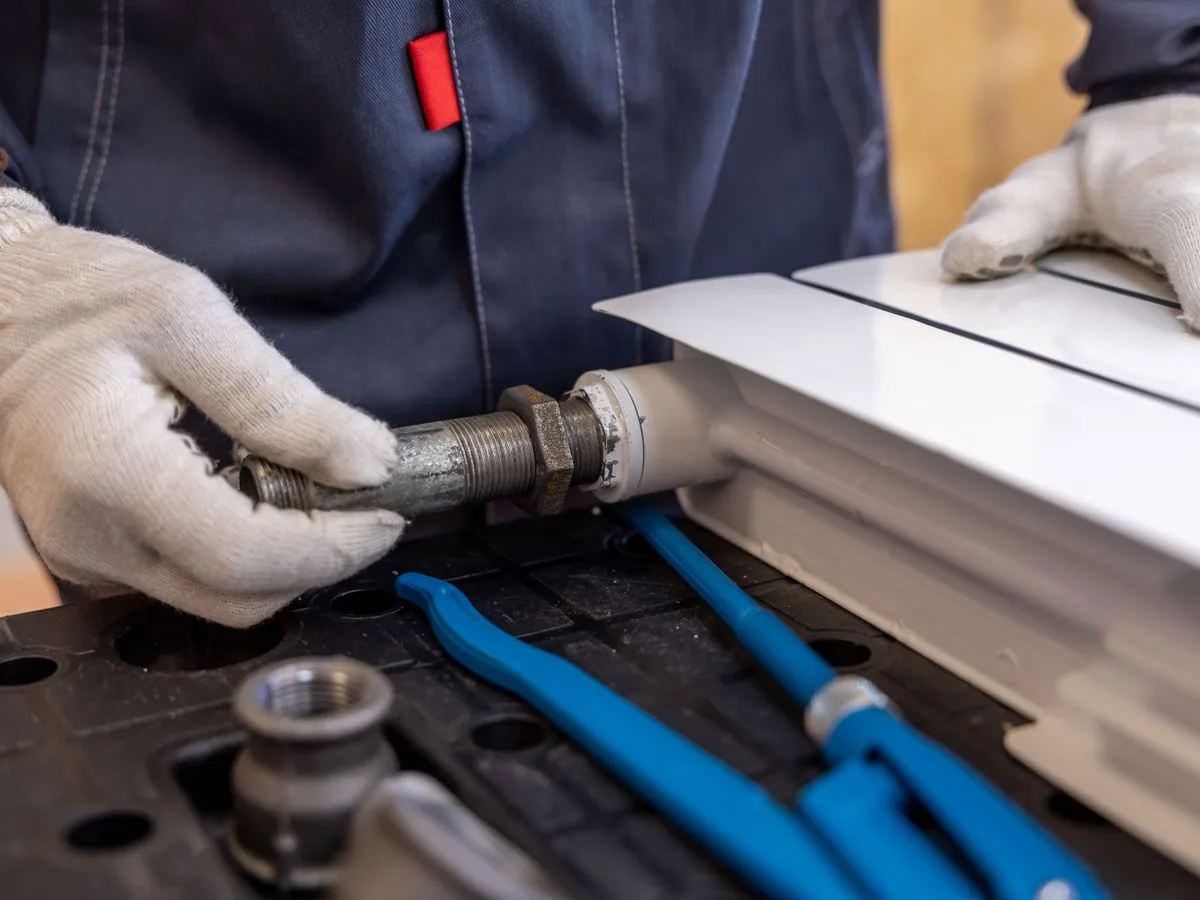 Plumber installing a pipe connector during an emergency repair call in Rapid City, SD