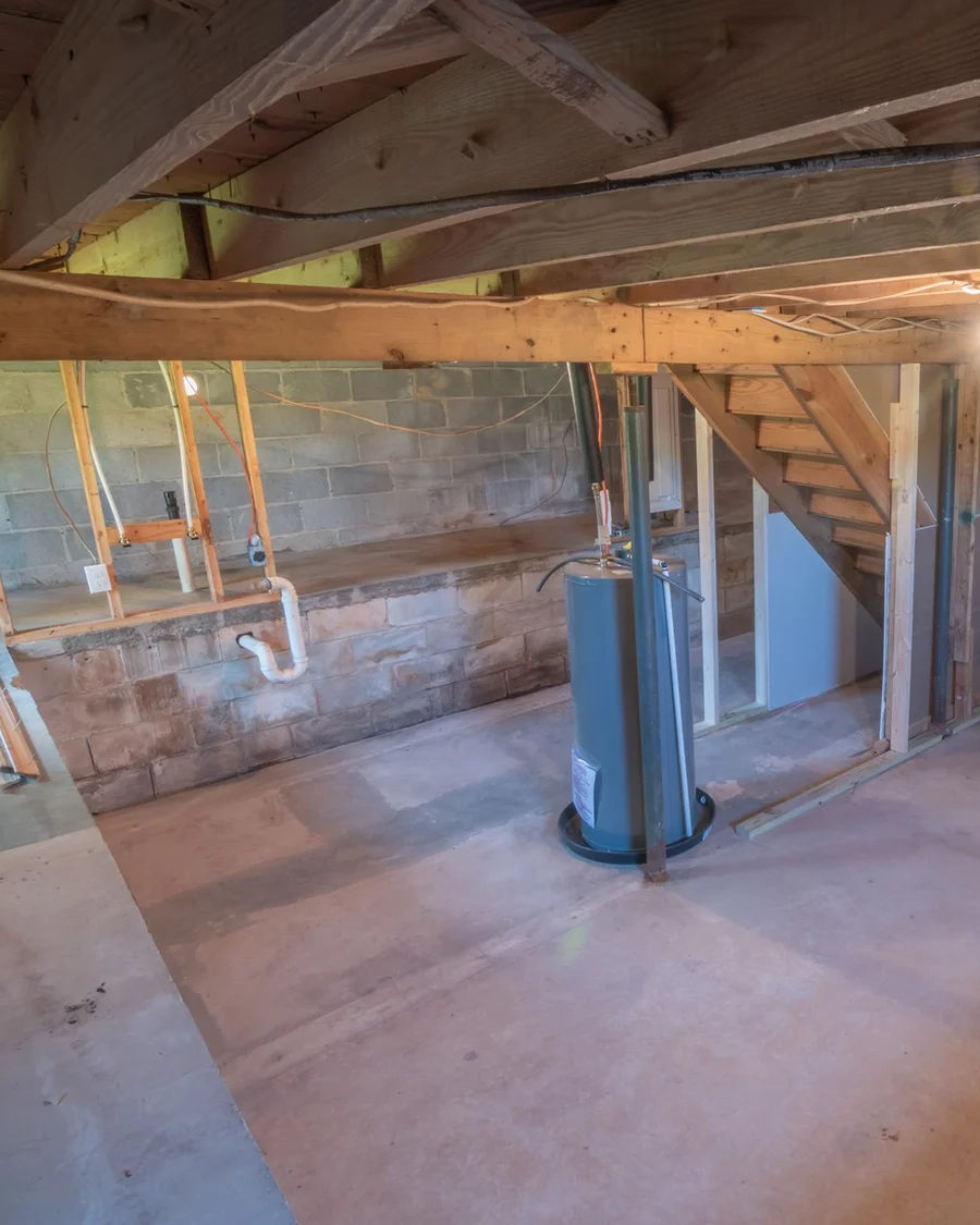 Unfinished basement plumbing and water heater setup in a Rapid City home